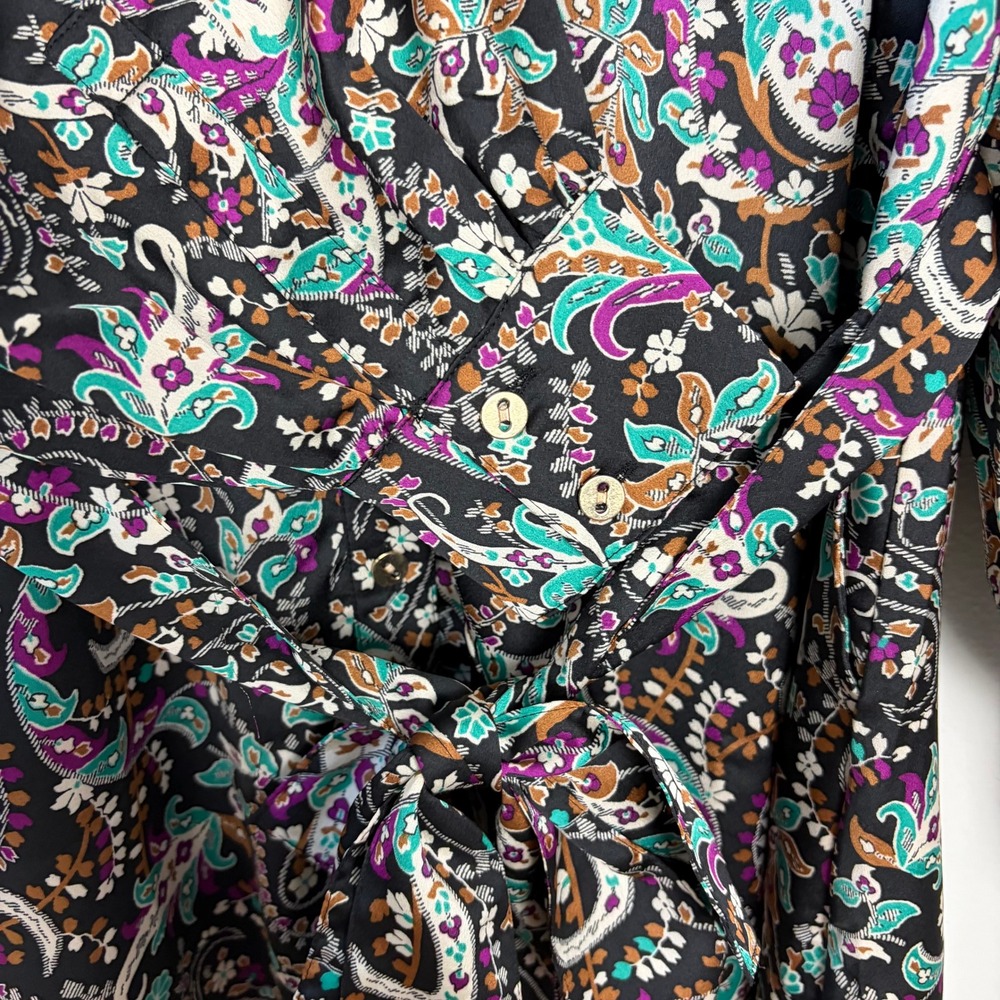 Ann Taylor Floral Belted Shirtdress Button Front Long Sleeve Midi Black Size 2 - Picture 9 of 15